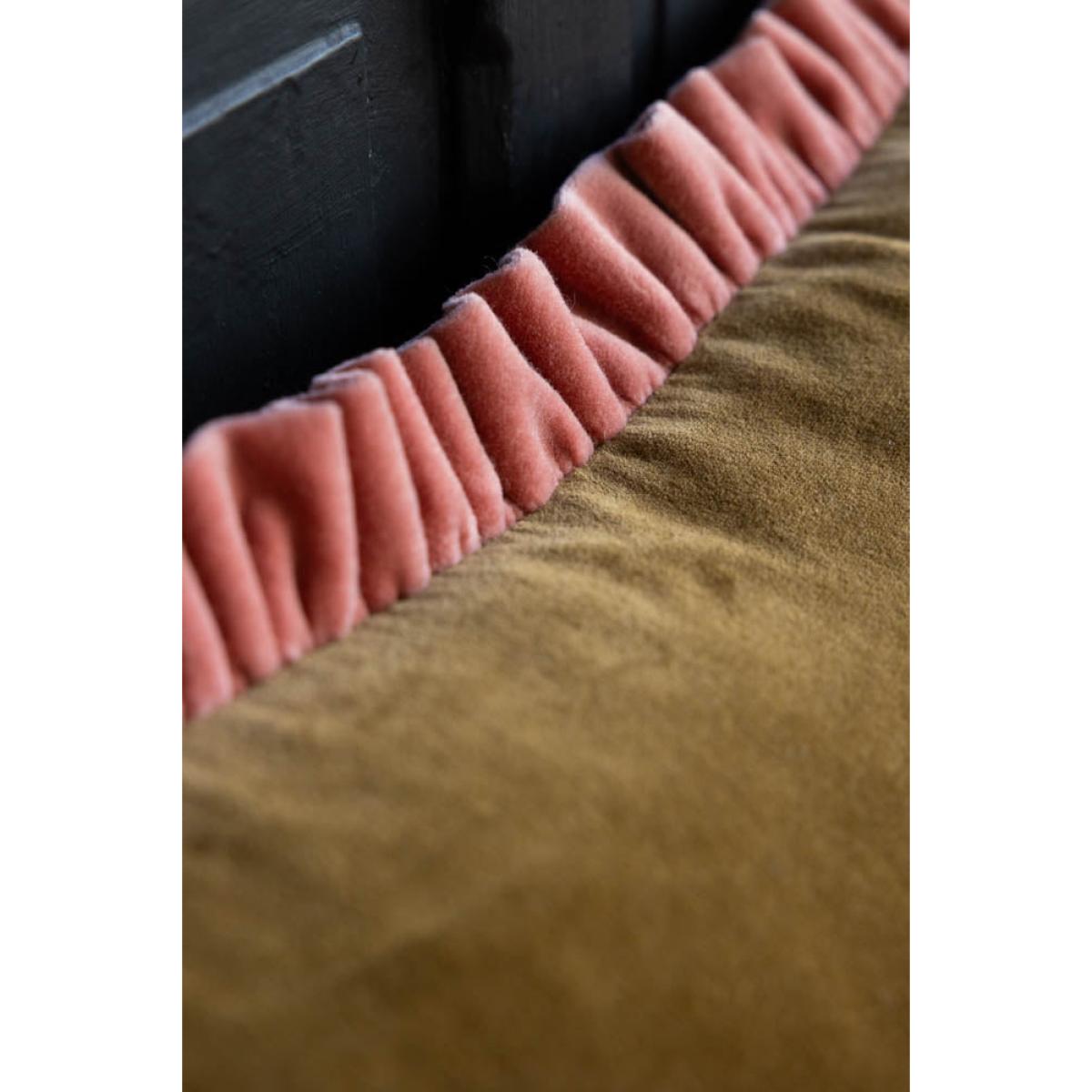 Moss Green Velvet Cushion With Pink Ruffle – image 3