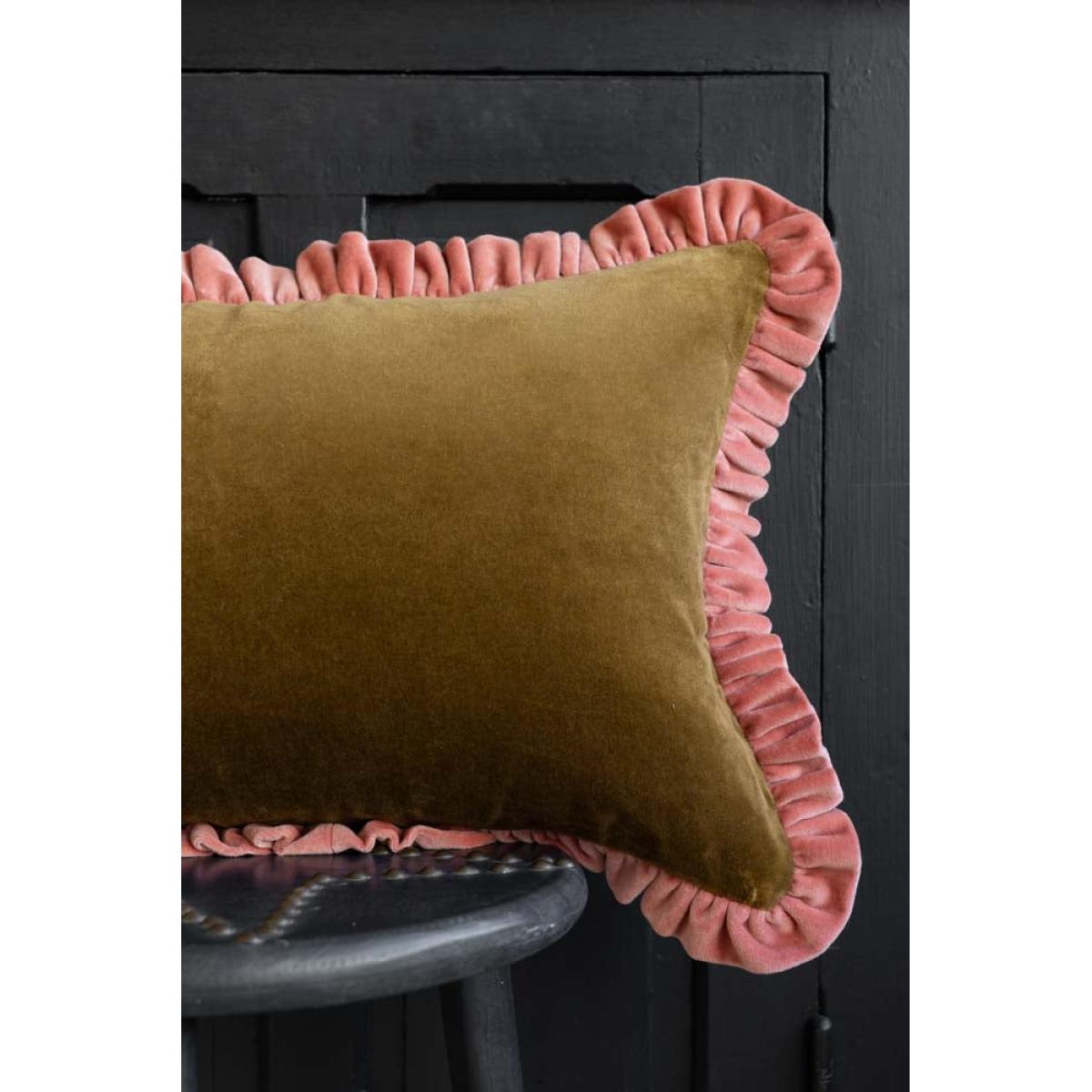 Moss Green Velvet Cushion With Pink Ruffle – image 4