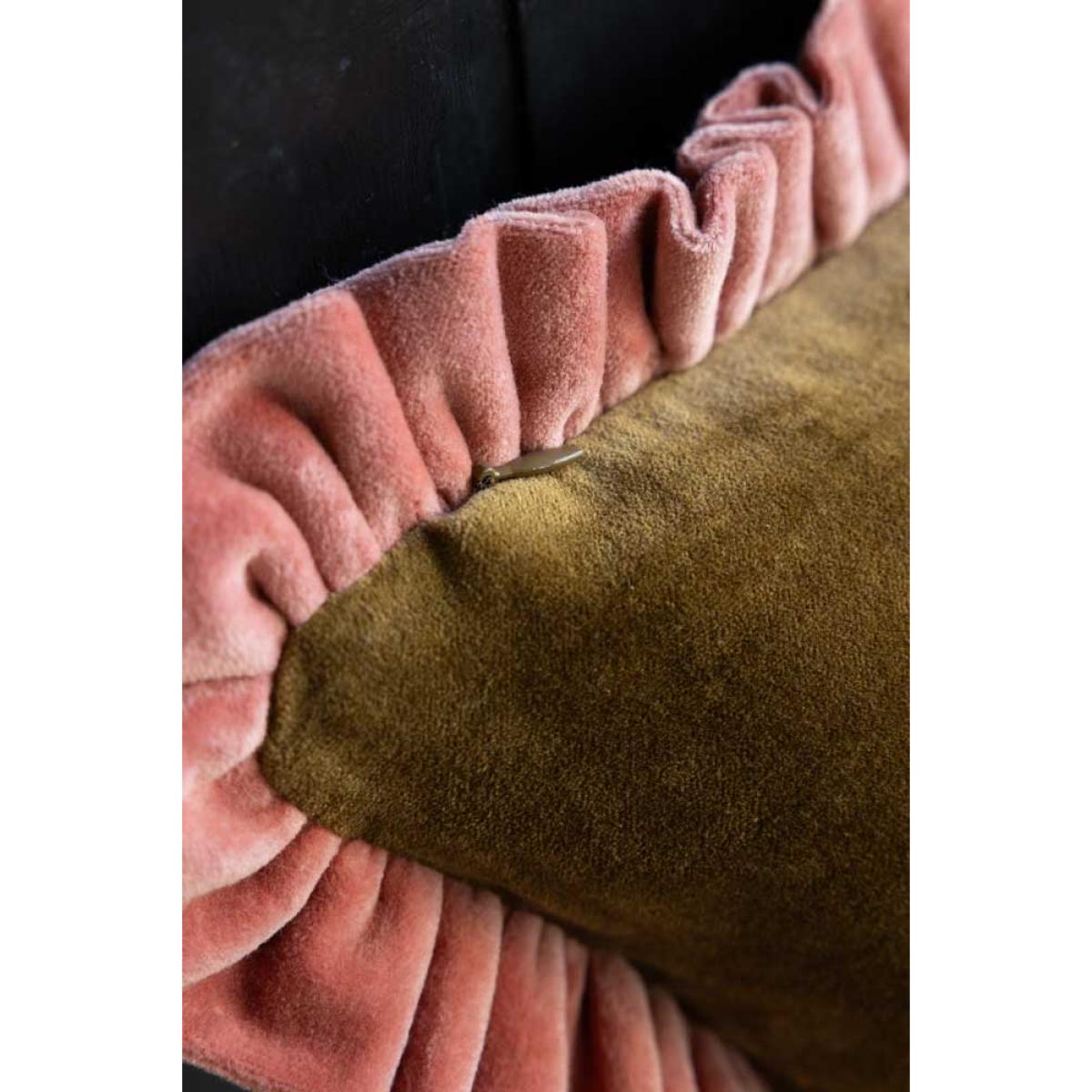 Moss Green Velvet Cushion With Pink Ruffle – image 6