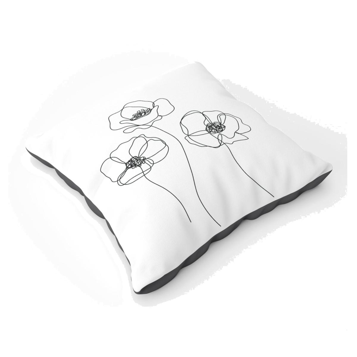 Monochrome Line Drawn Poppies Floor Cushion - White