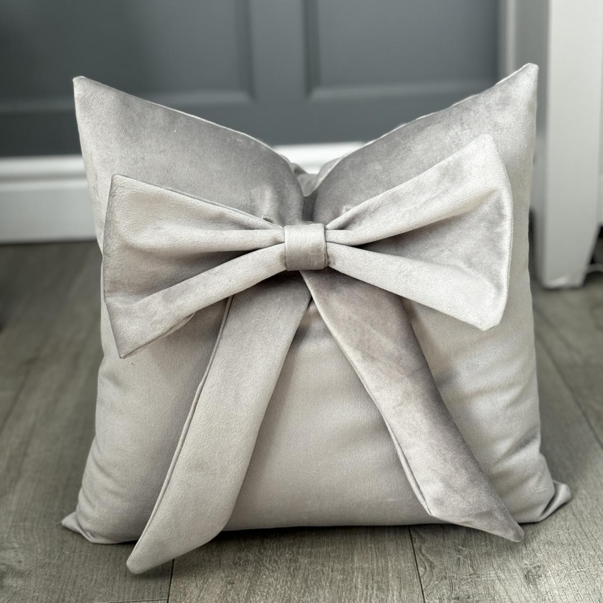 Silver Plush Bespoke Velvet Bow Cushion - silver