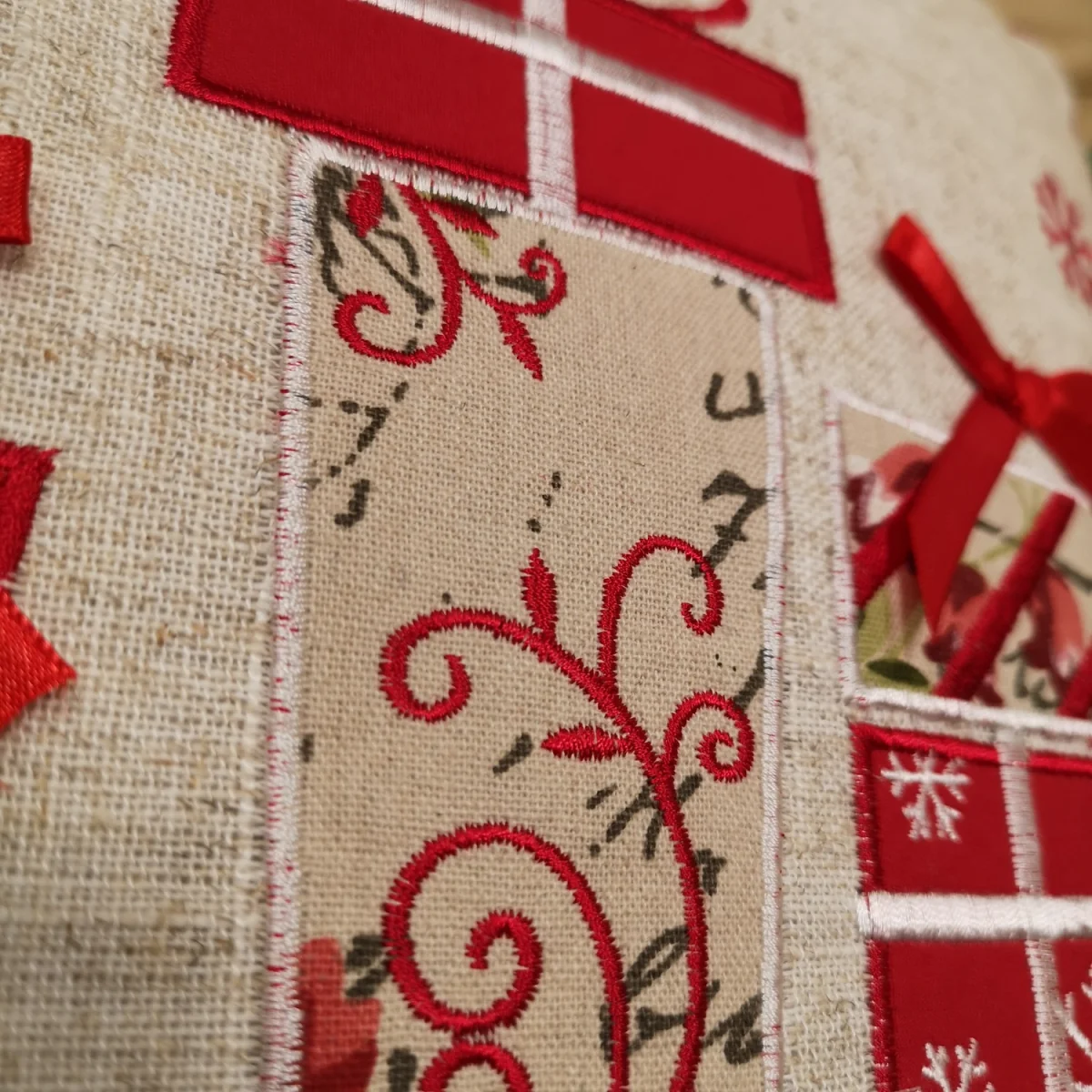 Square Christmas Scatter Cushion with Embroidered Gift Design - Red – image 2