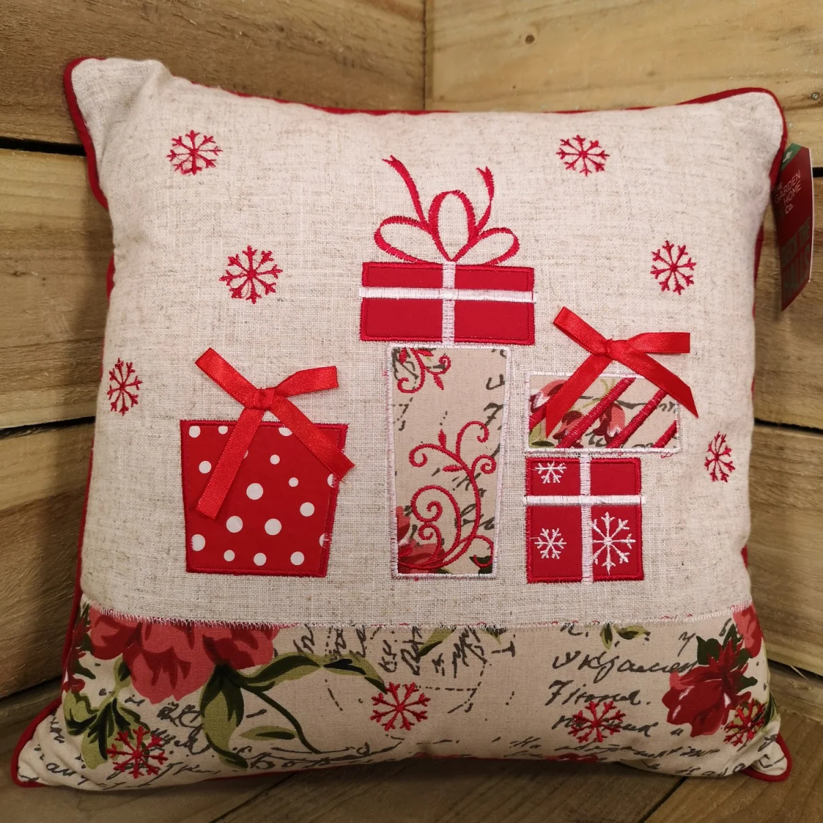 Square Christmas Scatter Cushion with Embroidered Gift Design - Red – image 3