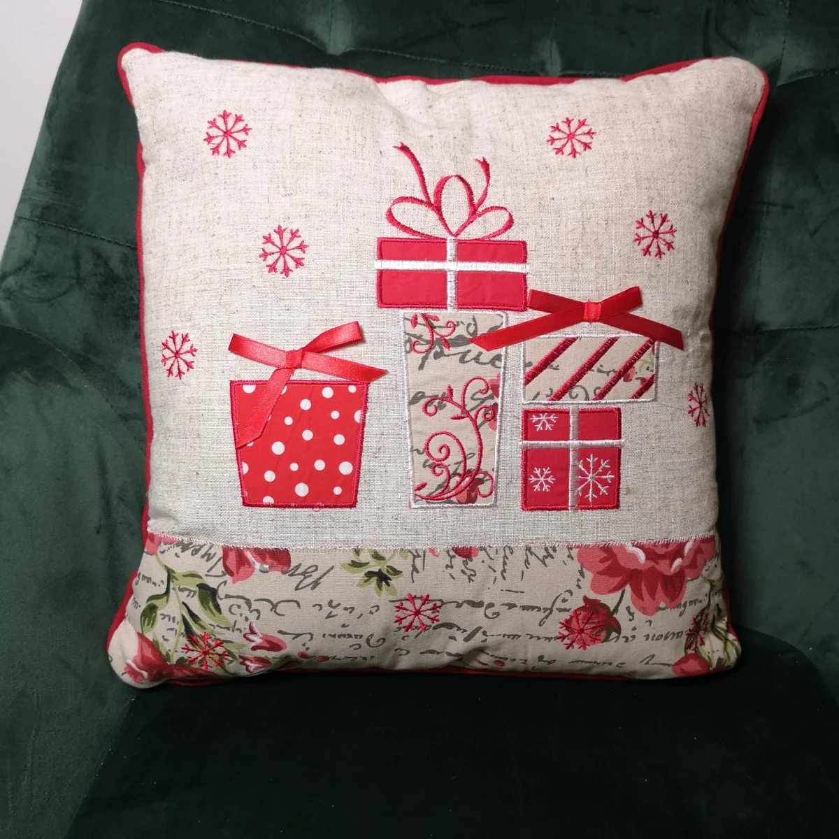Square Christmas Scatter Cushion with Embroidered Gift Design - Red – image 4
