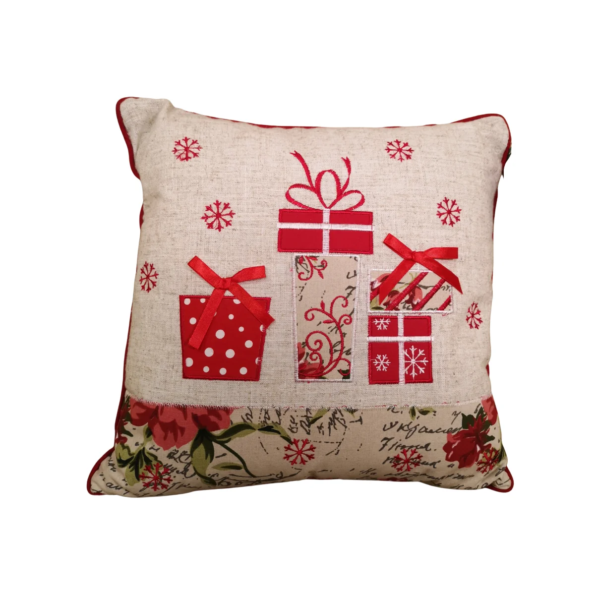 Square Christmas Scatter Cushion with Embroidered Gift Design - Red – image 1