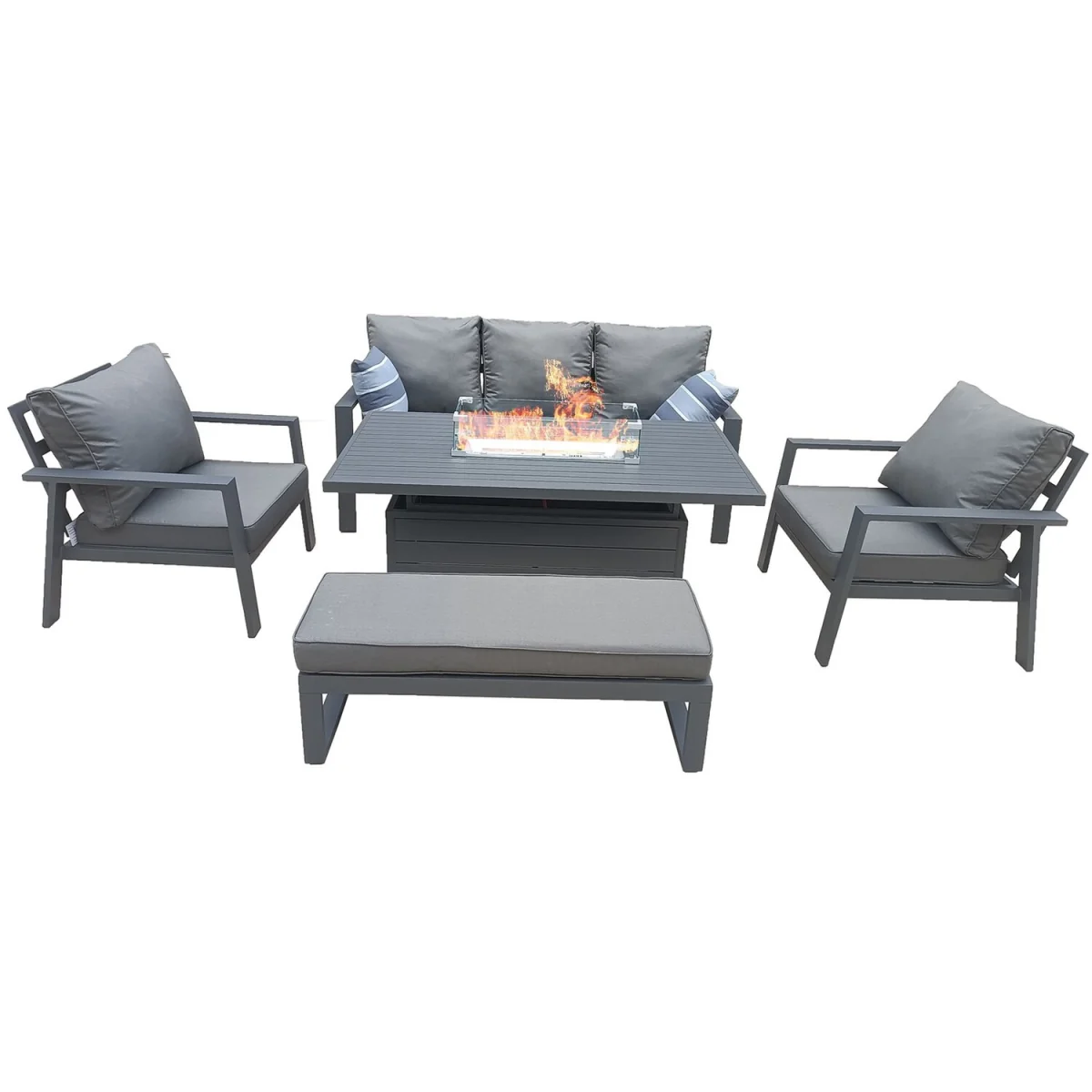 6 Seater Aluminum Garden Furniture Set Fire PitLift Dining Table Set w Cushion - Grey – image 2