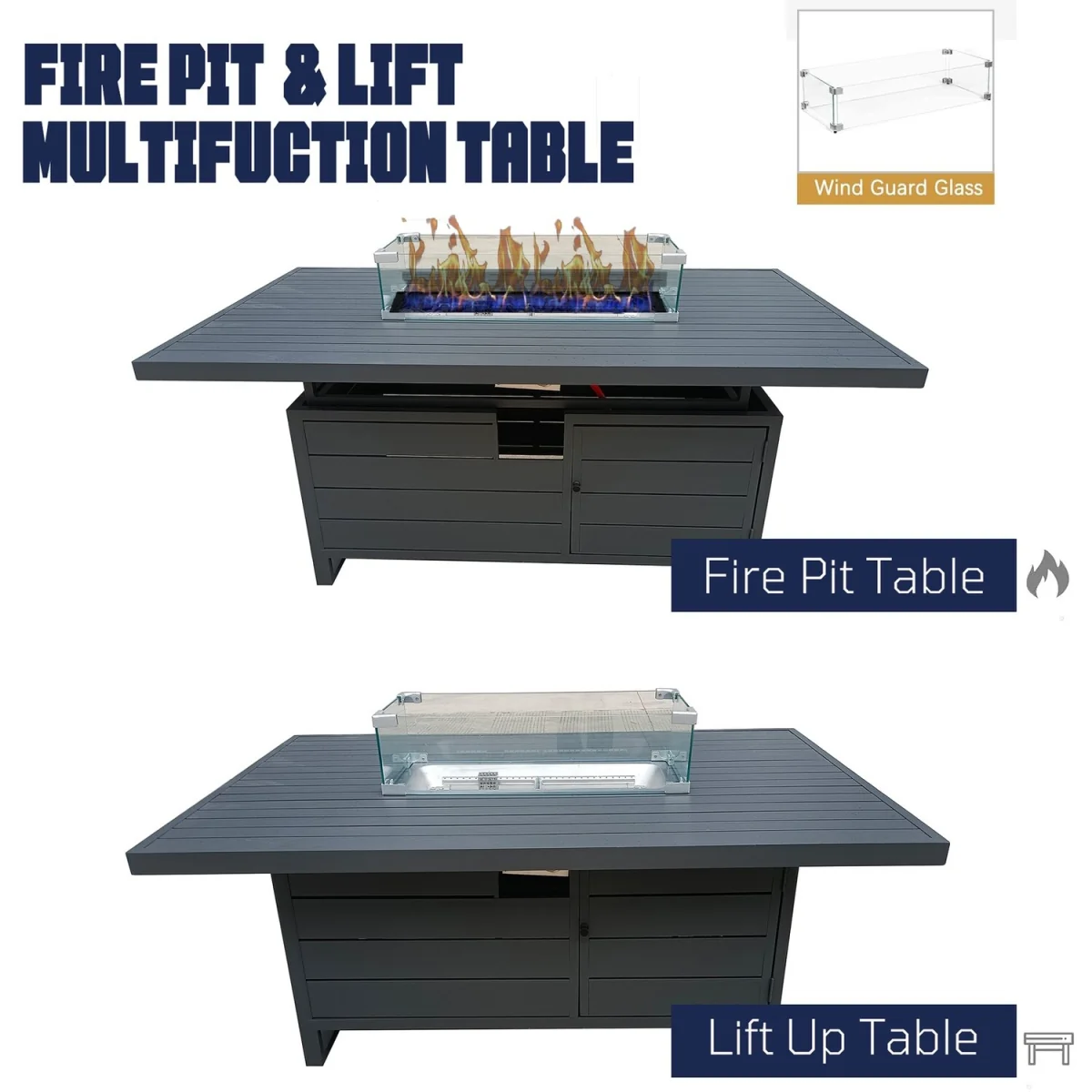 6 Seater Aluminum Garden Furniture Set Fire PitLift Dining Table Set w Cushion - Grey – image 4