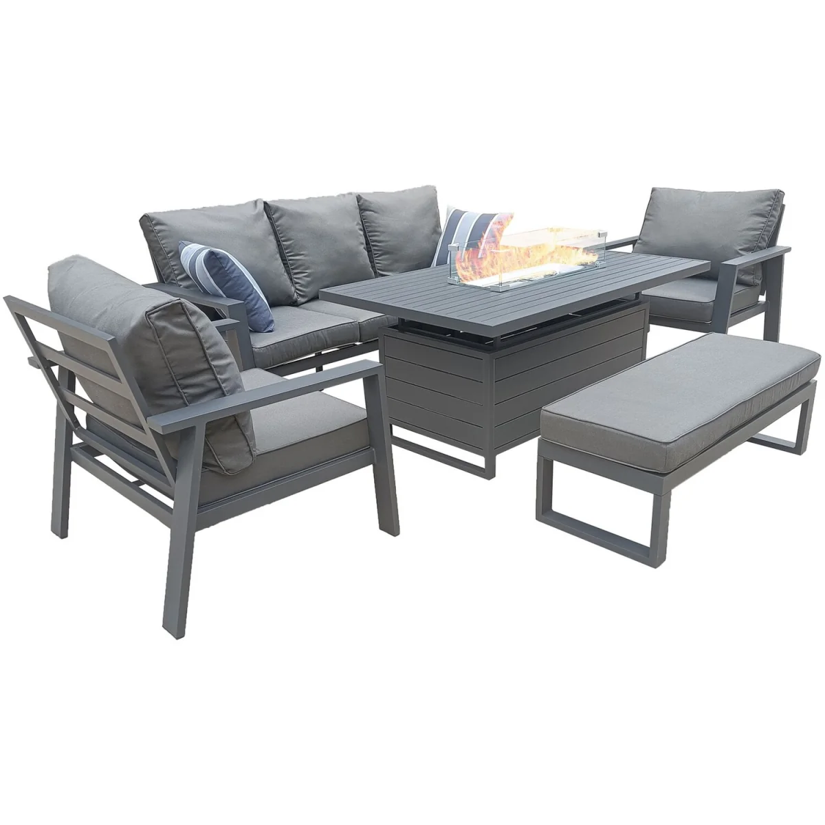 6 Seater Aluminum Garden Furniture Set Fire PitLift Dining Table Set w Cushion - Grey – image 5