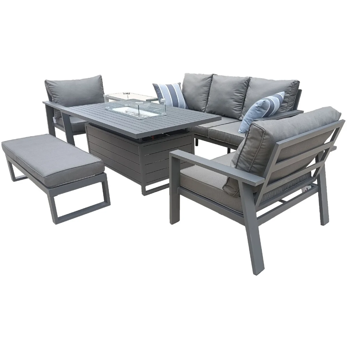 6 Seater Aluminum Garden Furniture Set Fire PitLift Dining Table Set w Cushion - Grey – image 6