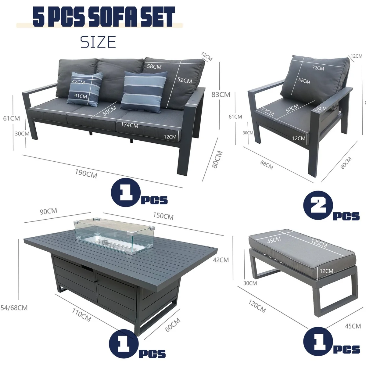 6 Seater Aluminum Garden Furniture Set Fire PitLift Dining Table Set w Cushion - Grey – image 7