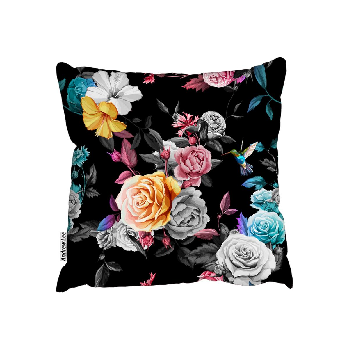 Humming Bird, Roses, Peony With Leaves Cushion - Black / 45cm
