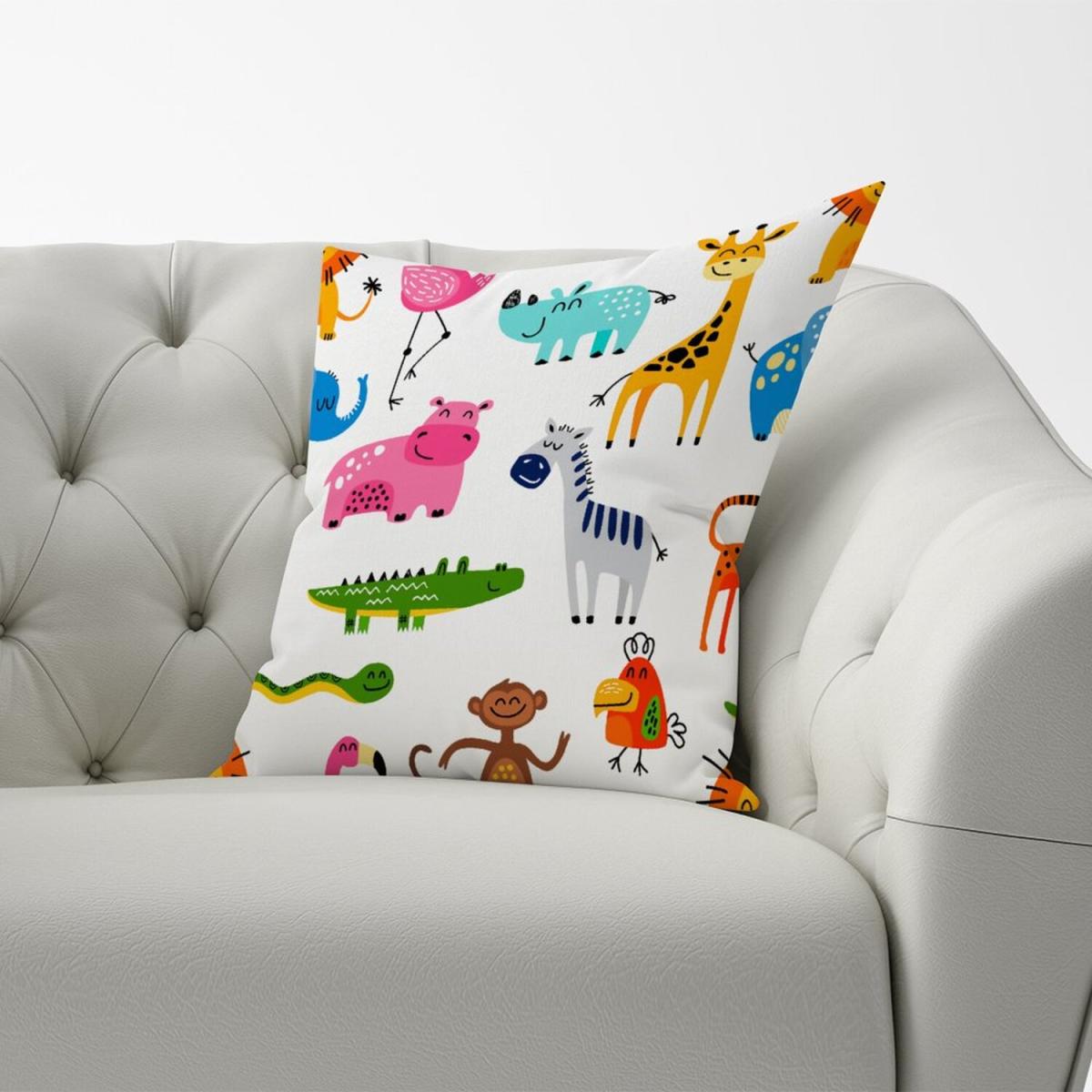 Hand Drawn Cartoon Animals Cushion - Pink / 60cm