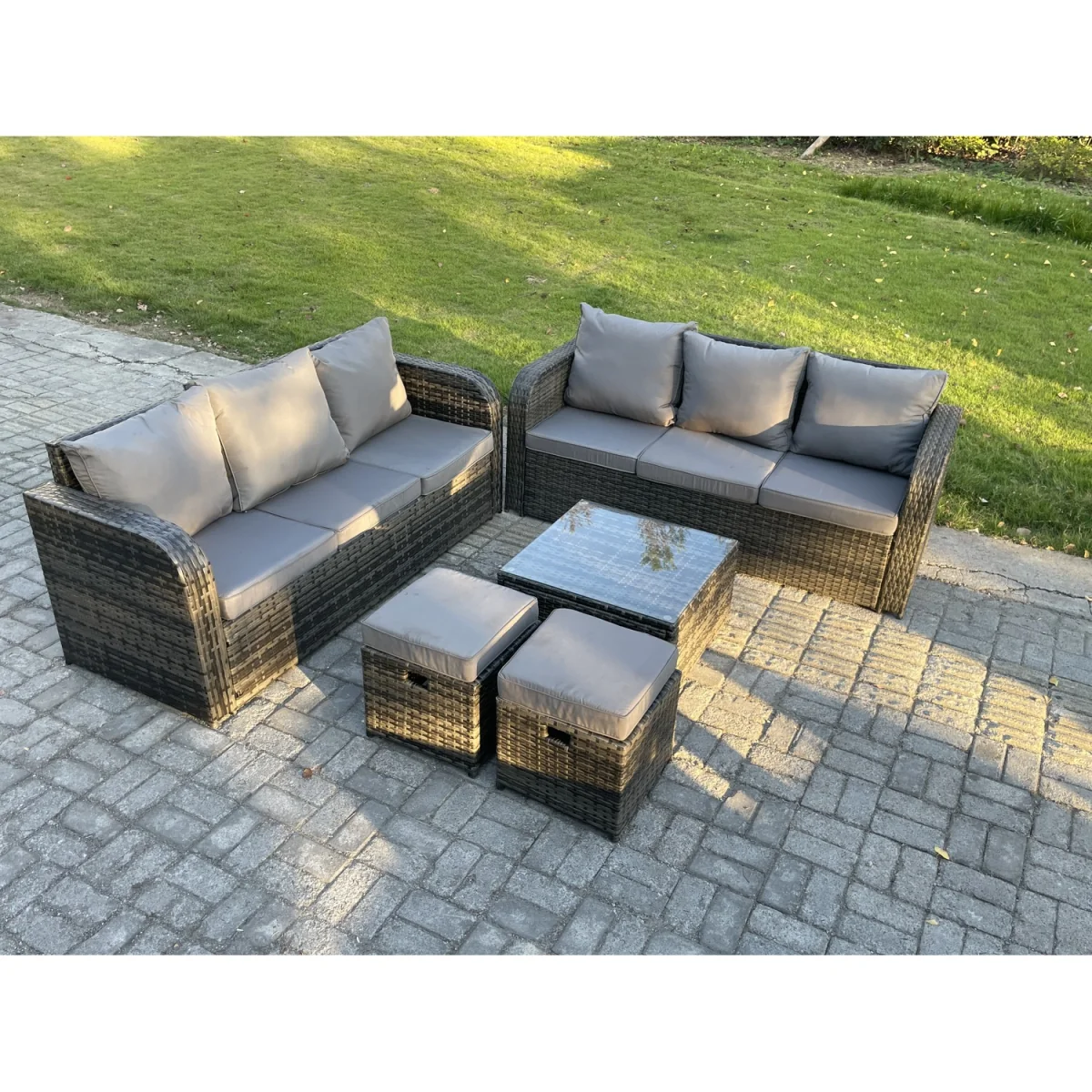 Fimous 8-Seater PE Rattan Garden Furniture Set with Grey Cushions. - Dark grey mixed rattan with dark grey fabric – image 5
