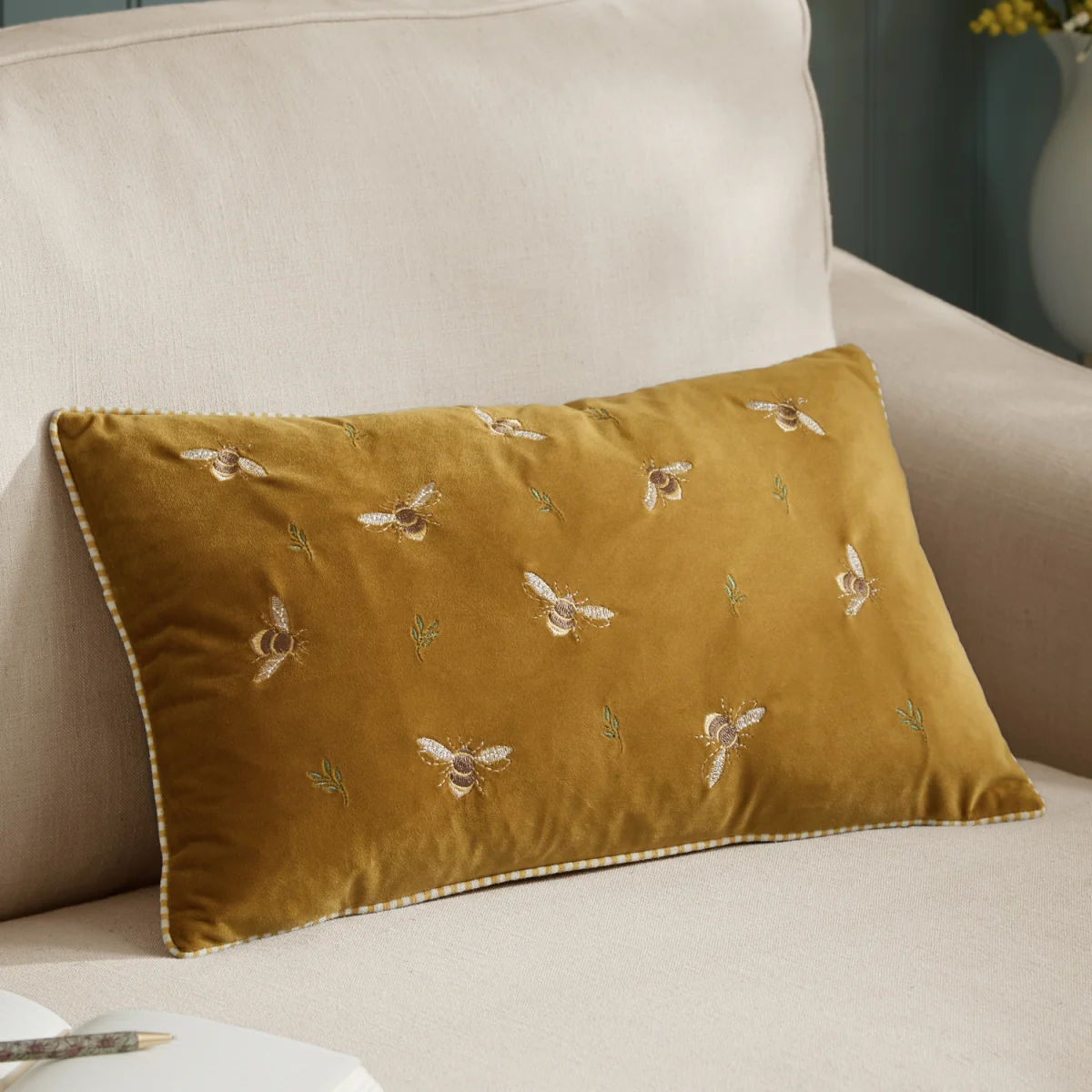 Ramble Bees Embroidered Velvet Cushion - Honey - Honey / Polyester