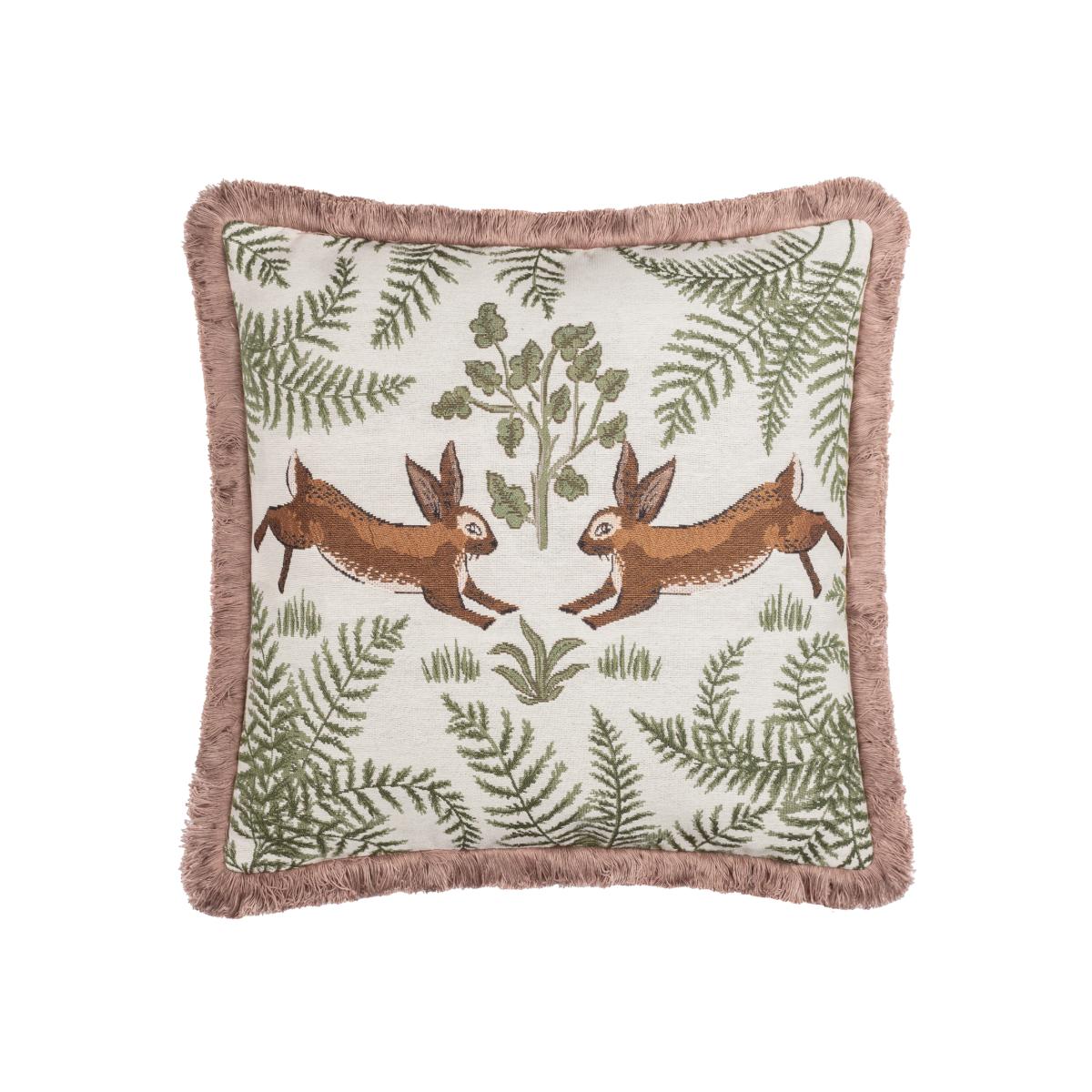 Fable Rabbits Embroidered Cotton Cushion - Green