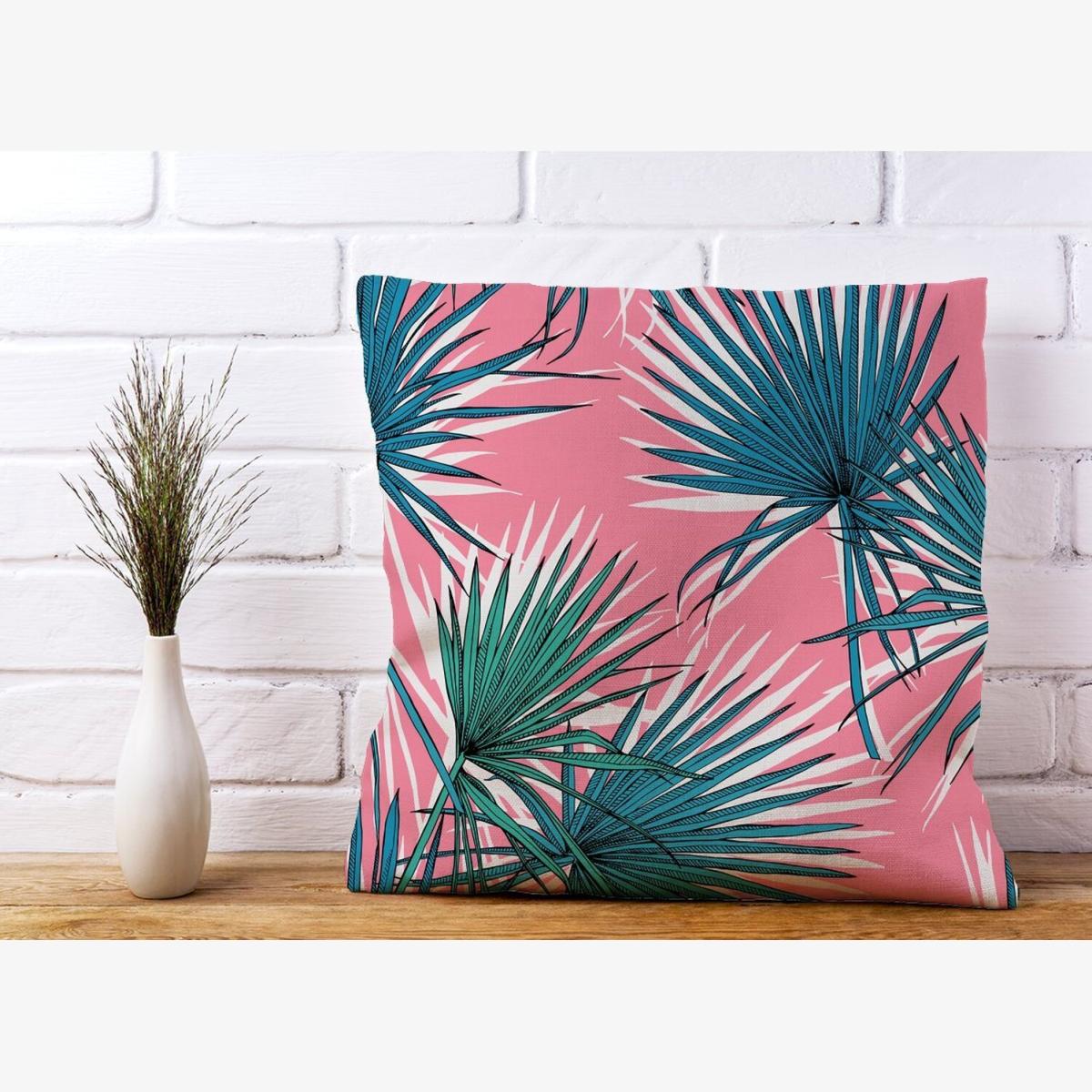 Pink Green Fan Palms Cushion - Pink / 60cm