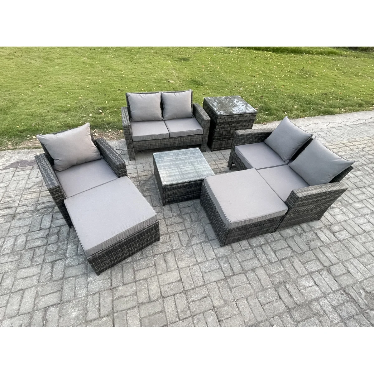Fimous 7 Seater Outdoor Rattan Garden Furniture Set with Tempered Glass Tables and Cushions. - Dark grey mixed rattan with dark grey fabric – image 5