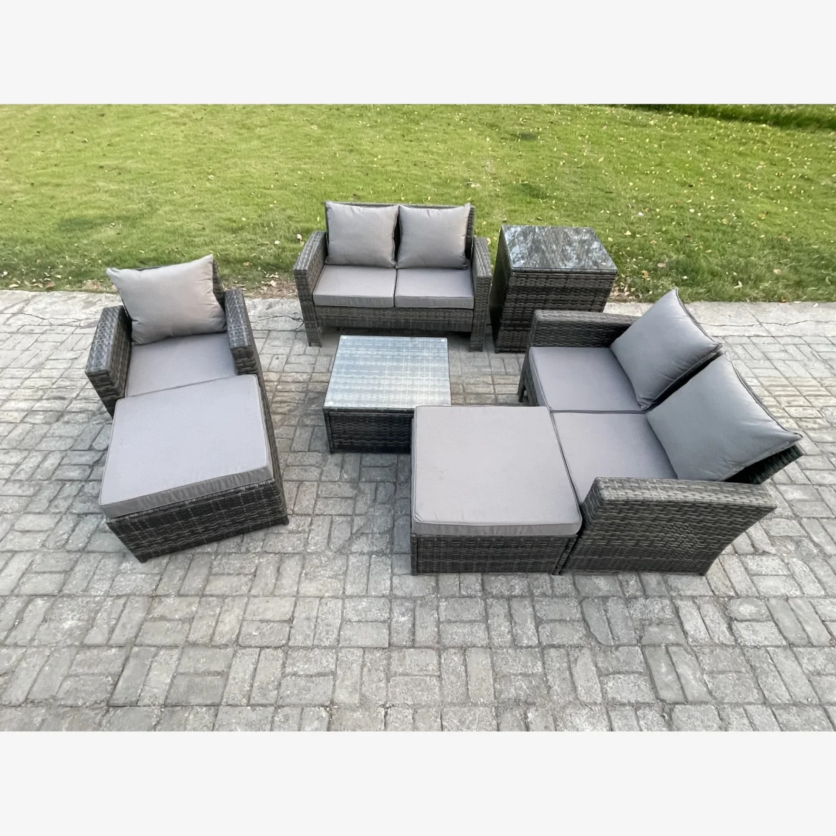 Fimous 7 Seater Outdoor Rattan Garden Furniture Set with Tempered Glass Tables and Cushions. - Dark grey mixed rattan with dark grey fabric – image 1