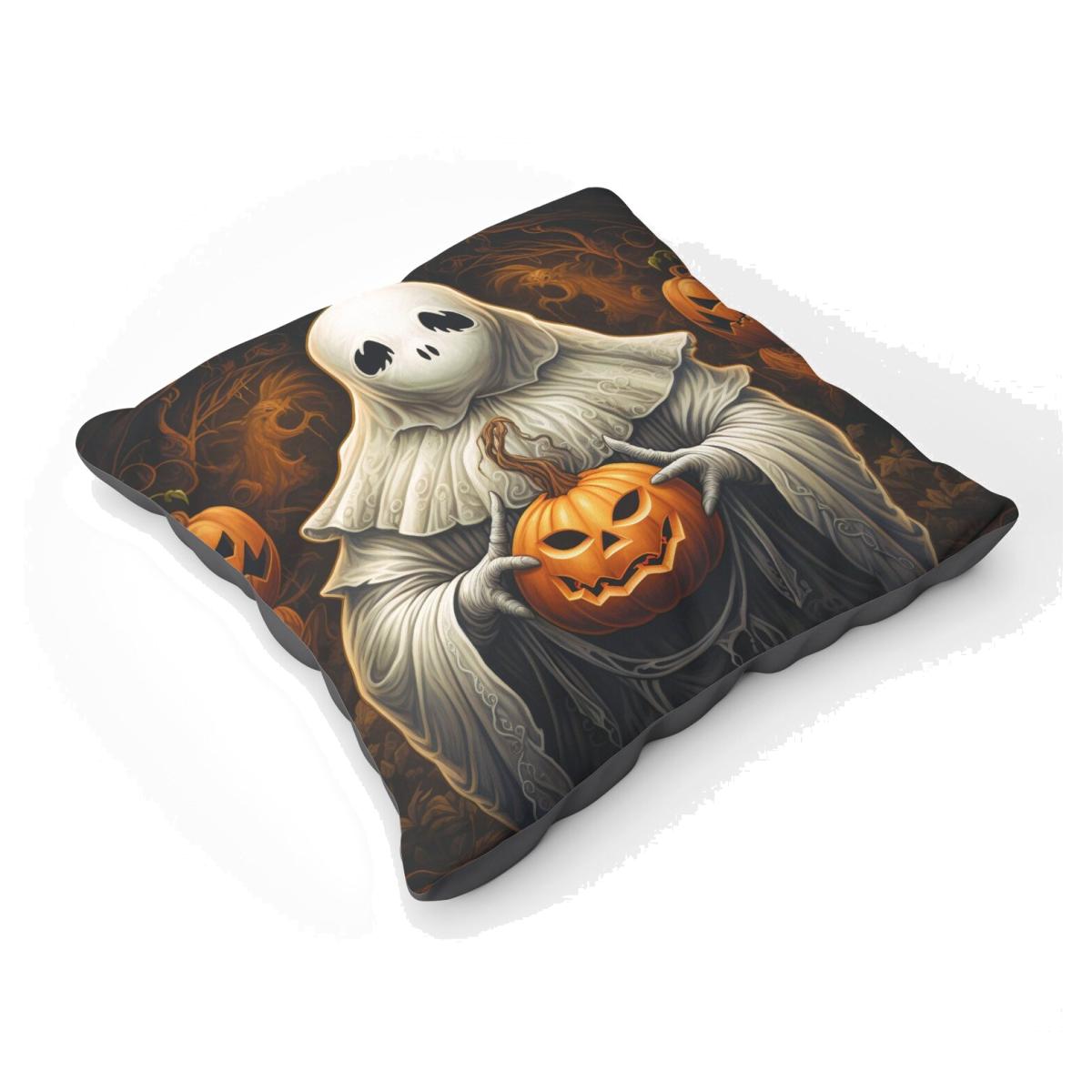Spooky White Ghost Holding Pumpkin Floor Cushion - White