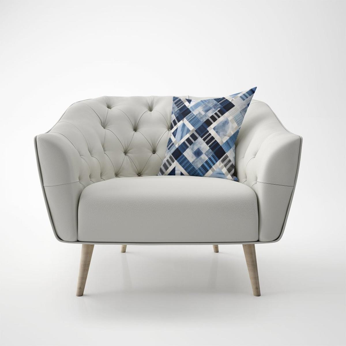 Checkered Square Black And Blue Cushion - Blue / 60cm