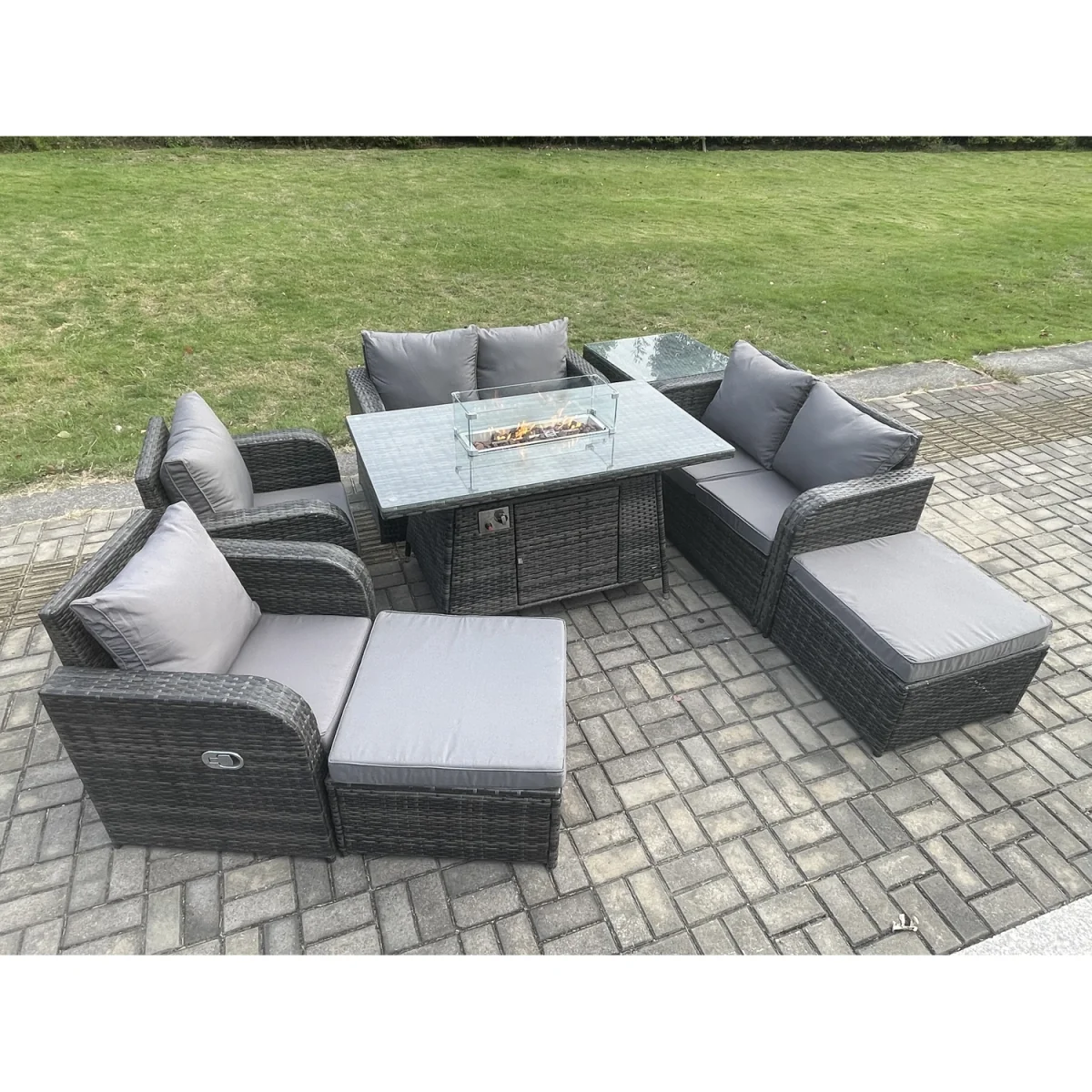 Fimous 8-Seater Rattan Garden Set with Propane Fire Pit Table and Cushions - Dark Grey – image 2