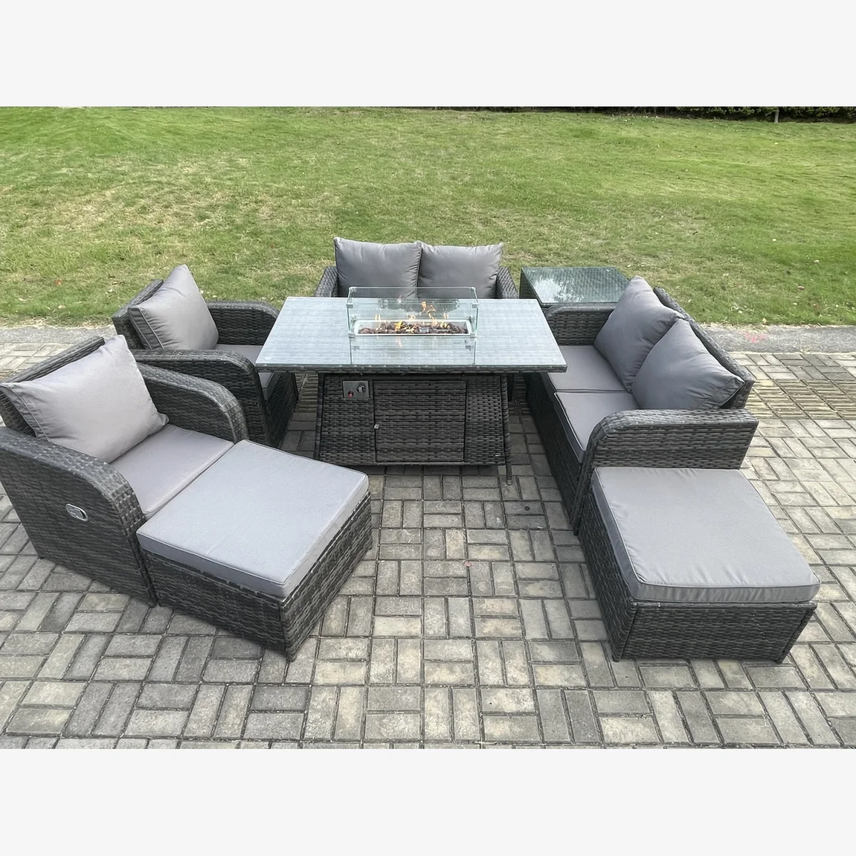 Fimous 8-Seater Rattan Garden Set with Propane Fire Pit Table and Cushions - Dark Grey – image 1