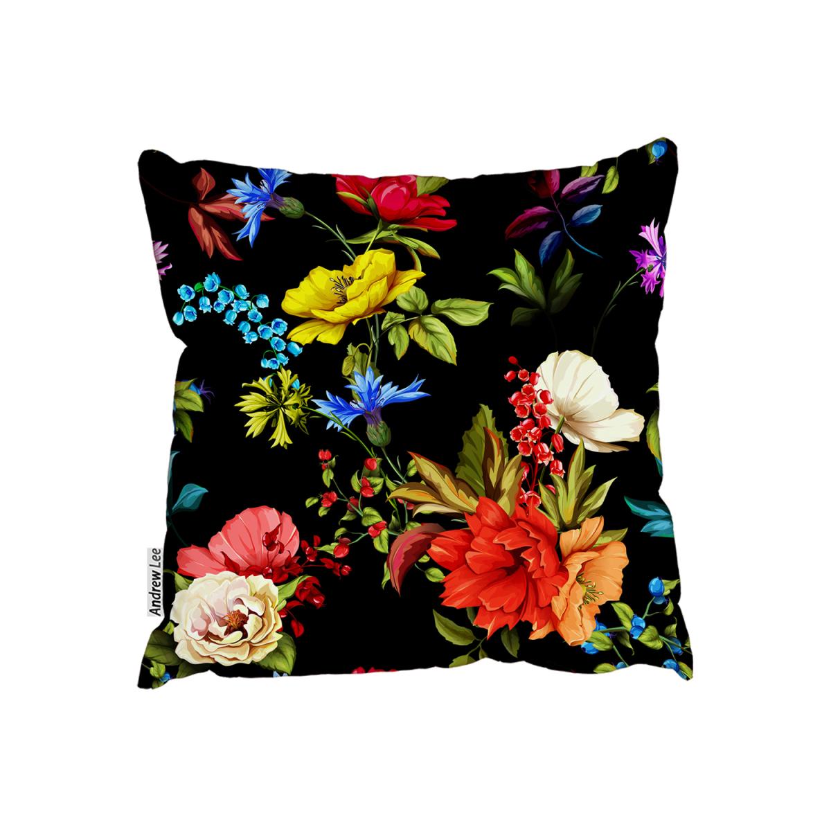 Poppy, Wild Roses, Cornflower With Leaves On Black Outdoor Cushion - Red – image 2