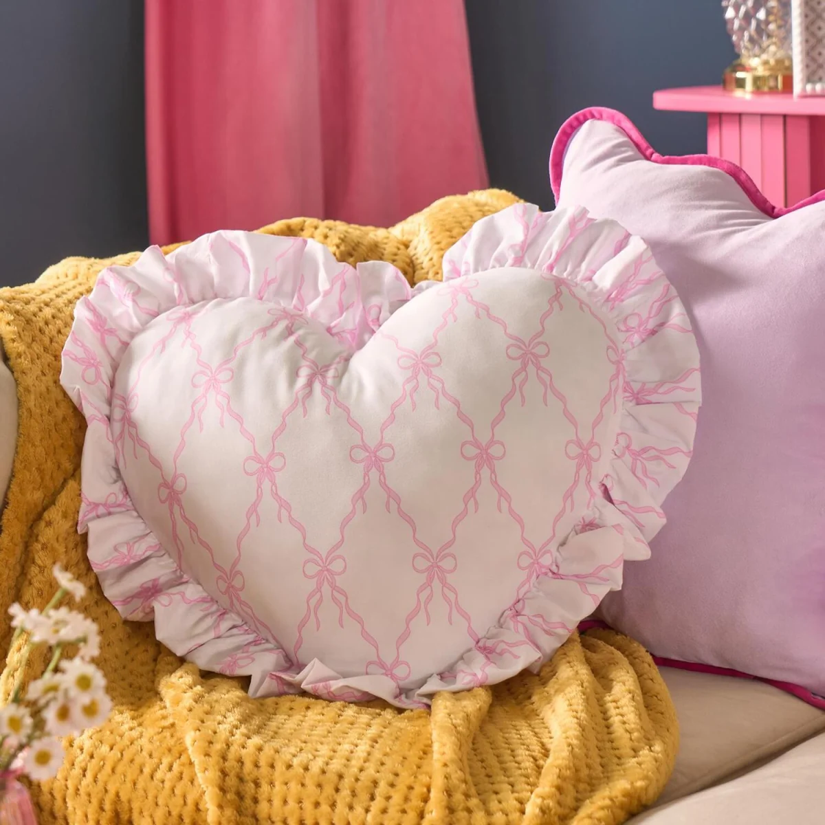 OHS Frill Heart Shaped Bow Ribbon Print Cushion - White/Pink – image 1
