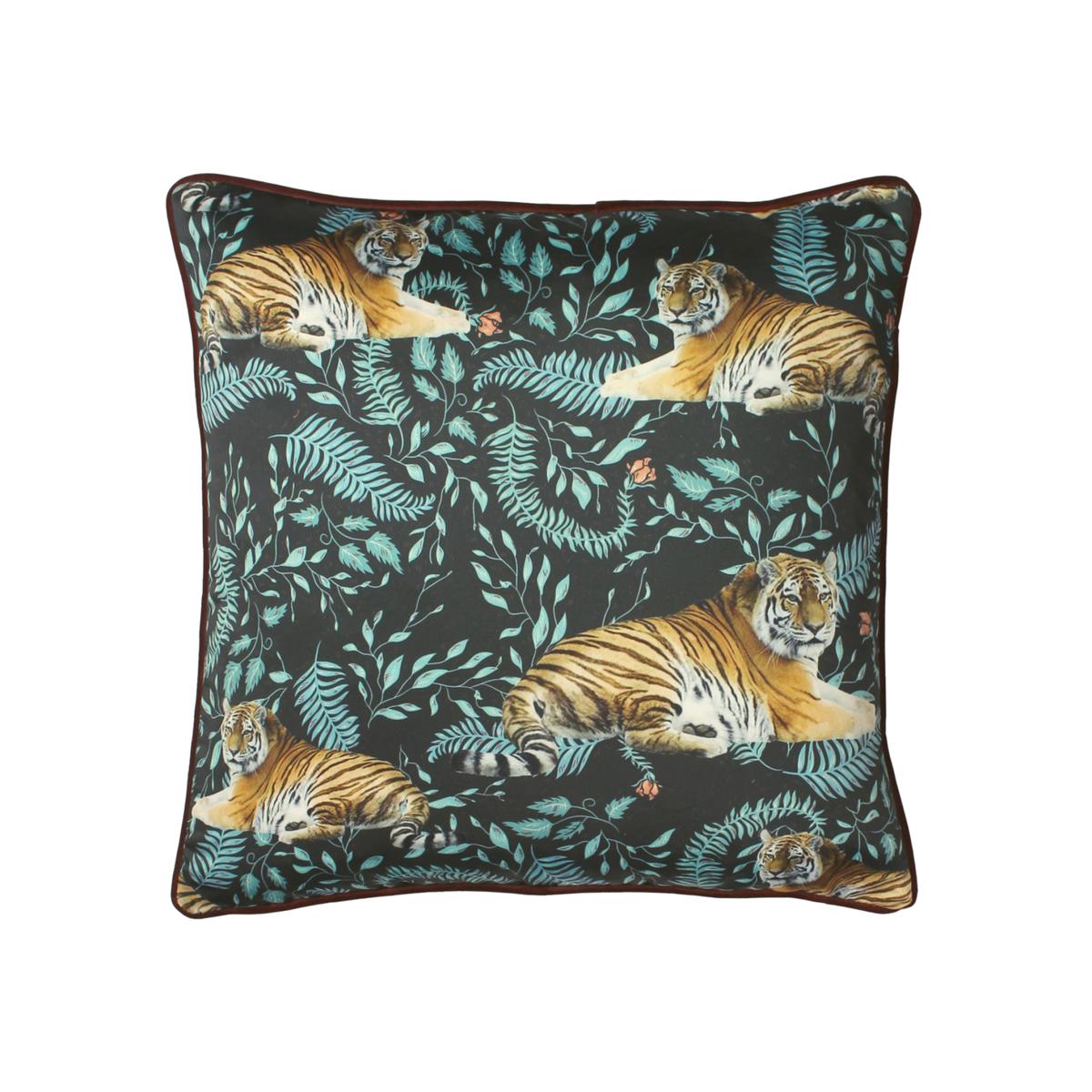 Tiwari Tiger Cushion - Charcoal-Aqua