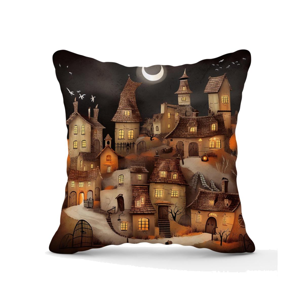 Spooky Halloween Village Outdoor Cushion - Orange / 60cm