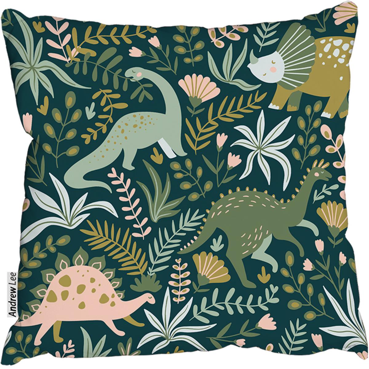 Hand Drawn Dinosaurs And Tropical Leaves And Flowers. Cushion - Green / 60 – image 2