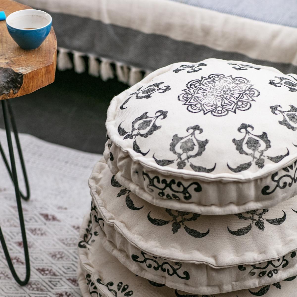 Cicero Round Stone Printed Seating Pads, Cushion - White - Black / 45cm – image 3
