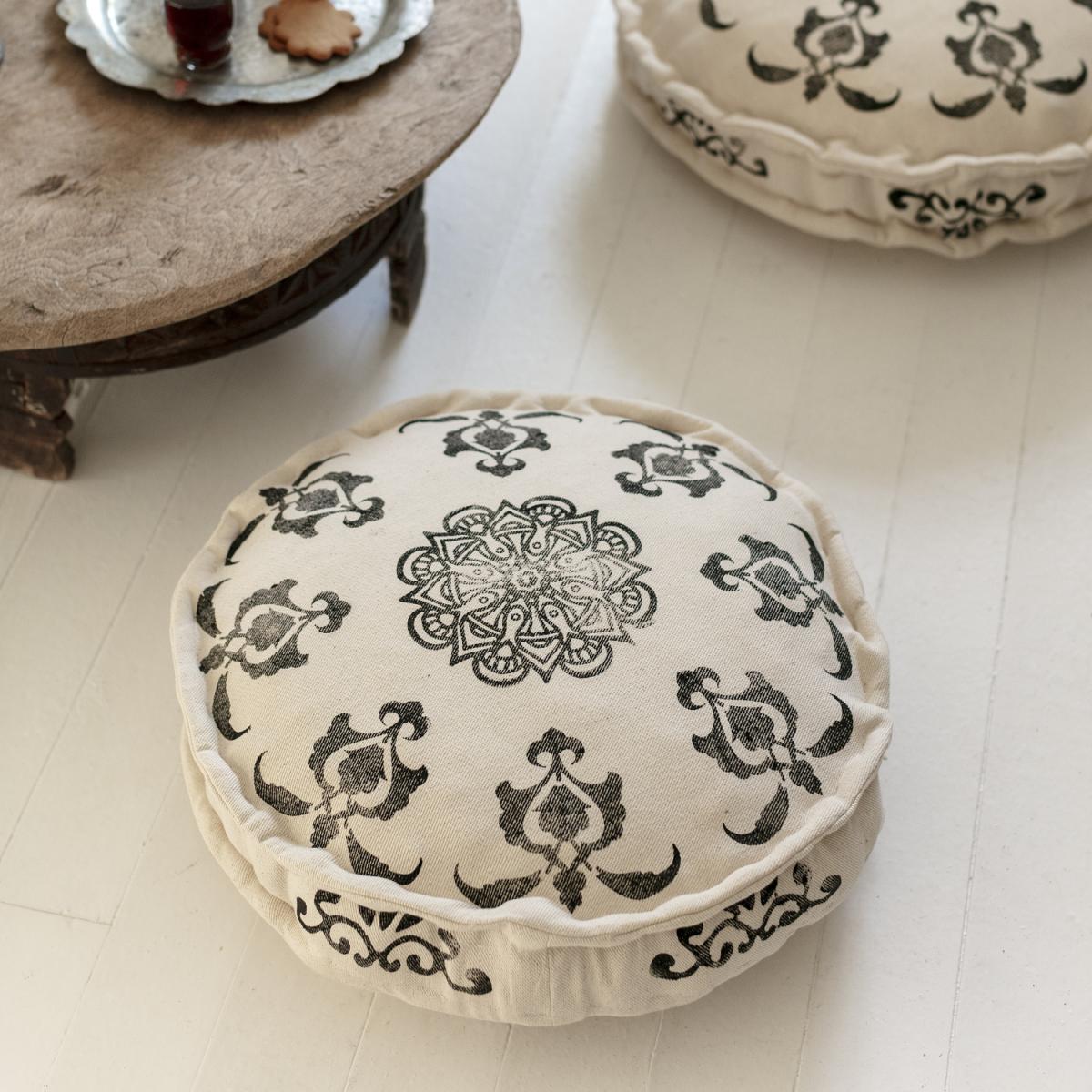 Cicero Round Stone Printed Seating Pads, Cushion - White - Black / 45cm – image 1