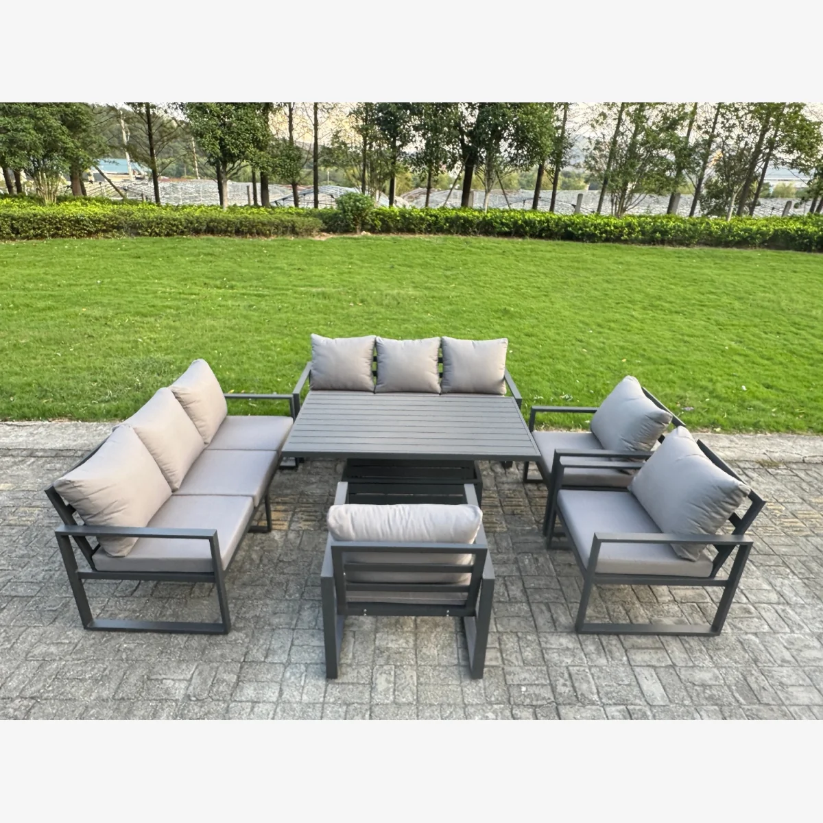 6 Pcs Garden Furniture Set 9-Seater Aluminium Outdoor Set Lifting Table & Cushions 3 Chairs