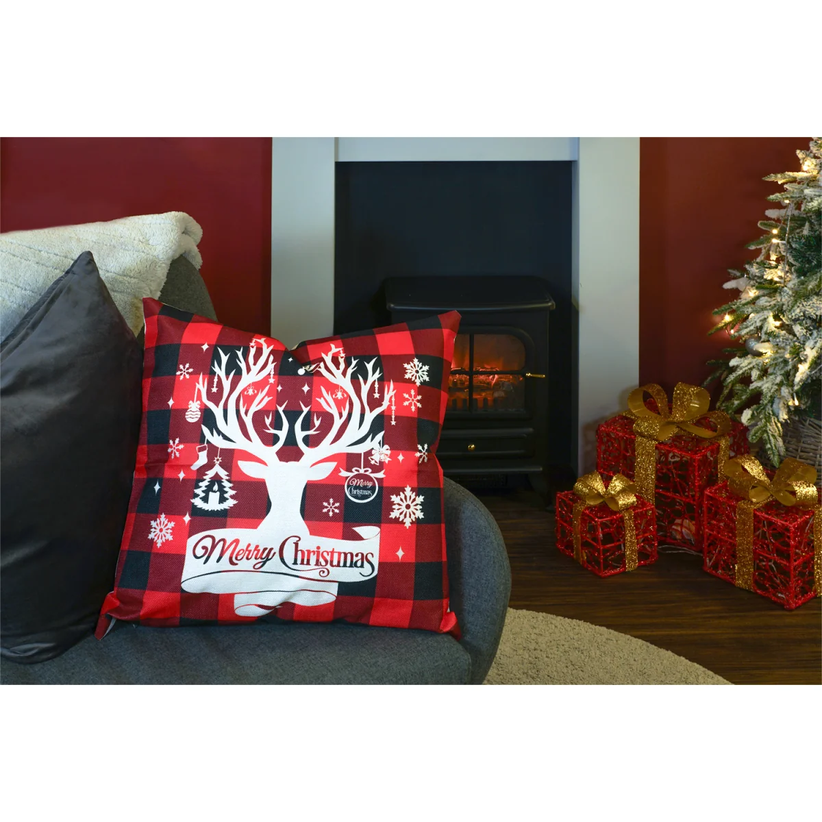 Christmas Themed Cushion Red checkered With White Stag Head - Red/Black – image 3