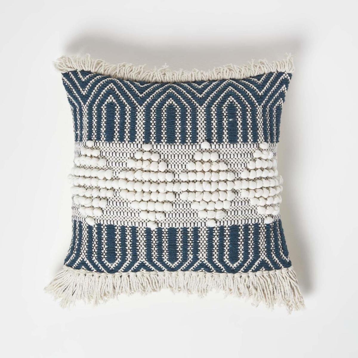Homescapes Safi Handwoven Fringed Navy Cream Kilim Cushion - Navy – image 2