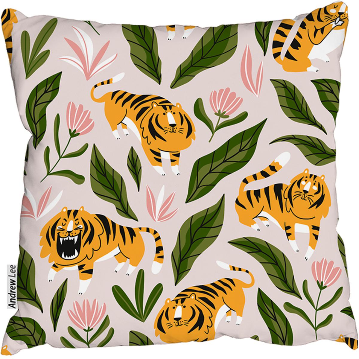 Cute Tigers And Tropical Leaves And Flowers Cushion - Yellow / 45 – image 2