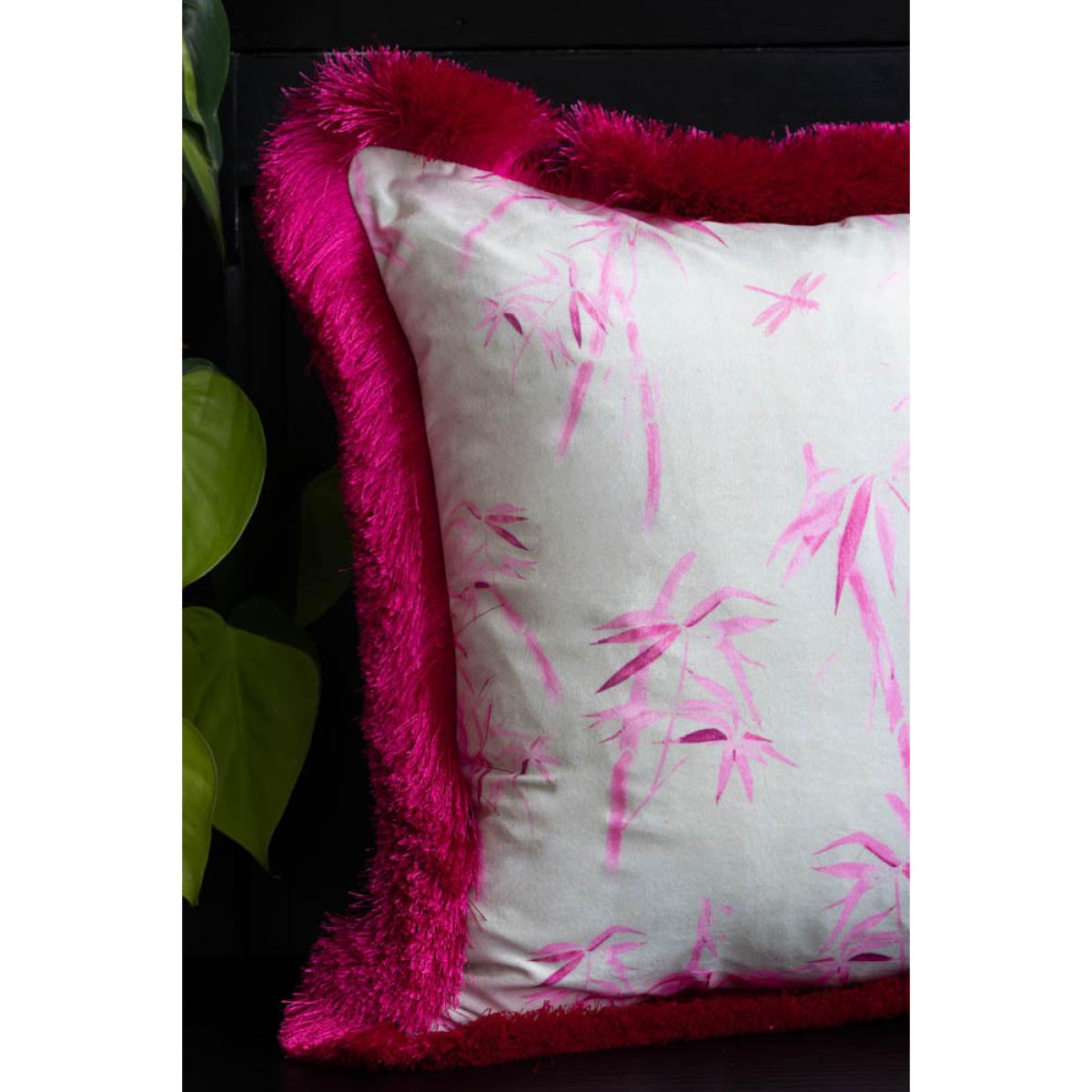 Bamboo Print Cushion with Pink Fringe Edge Detailing – image 2
