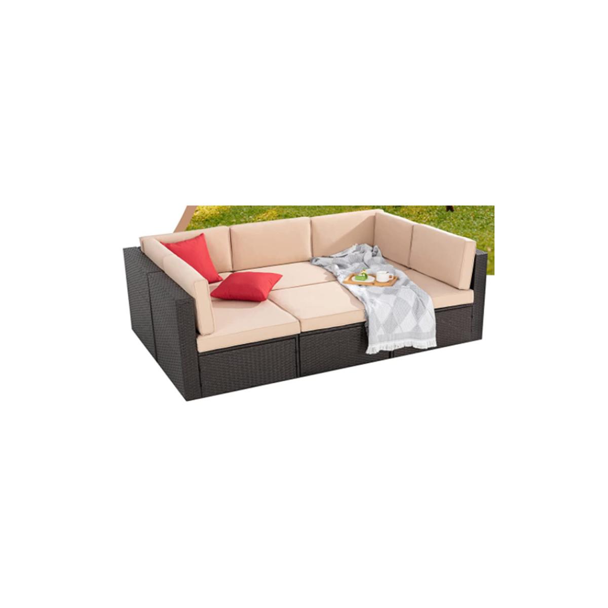 6 Piece Outdoor Garden Rattan Furniture Set Lounge Set With Cushions - Brown – image 2