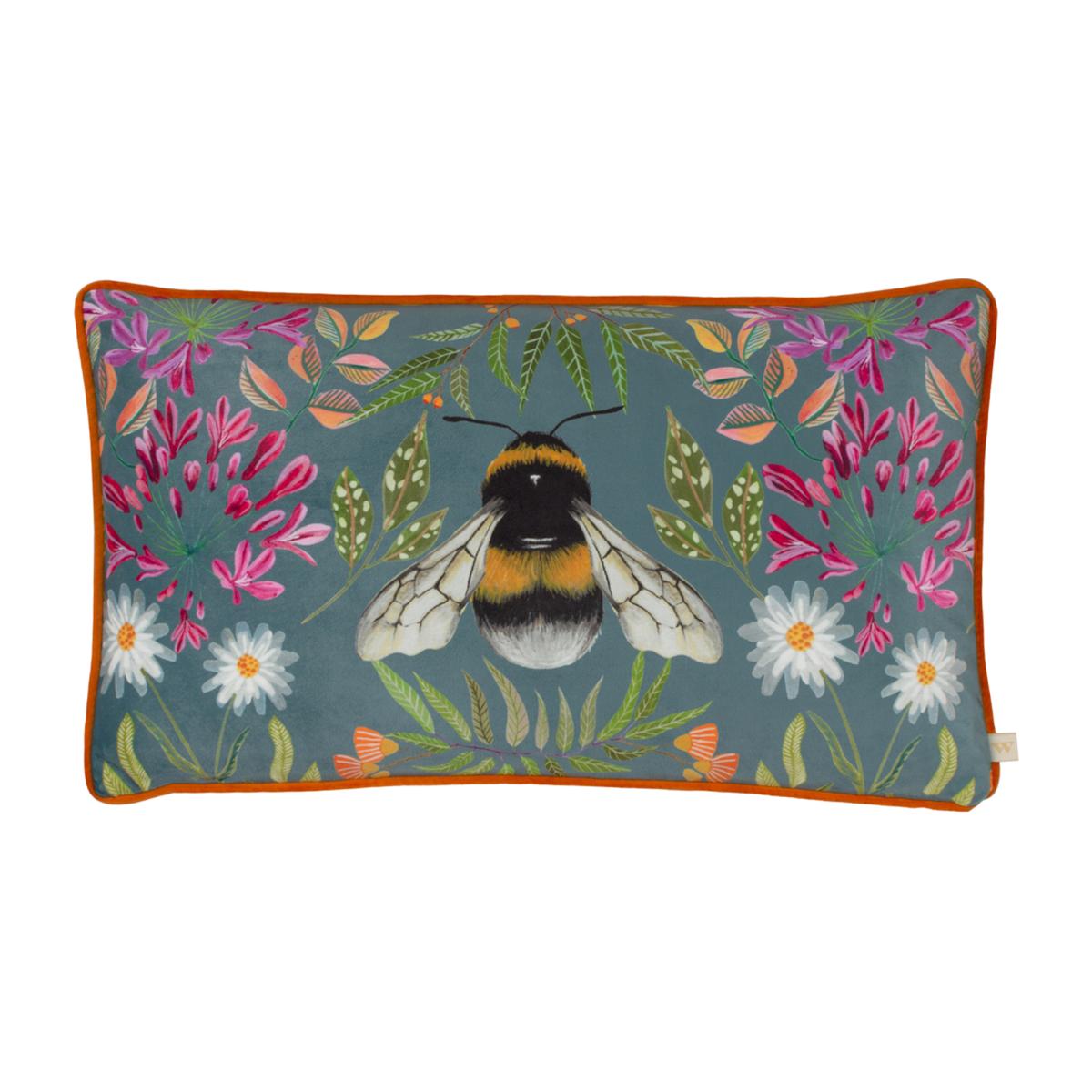 House of Bloom Zinnia Bee Rectangular Piped Cushion - Steel Blue