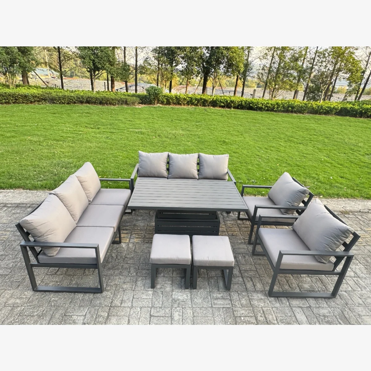 7 Pcs Garden Furniture Set 10-Seater Aluminium Outdoor Set Lifting Table & Cushions
