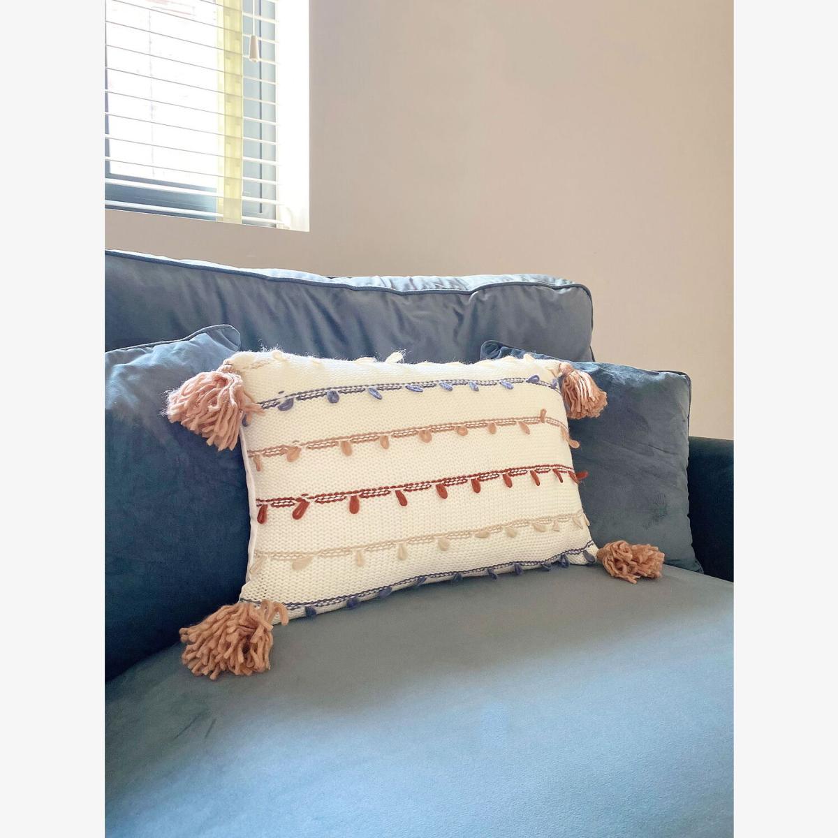 Striped Rectangle Cushion With Tassles - white orange