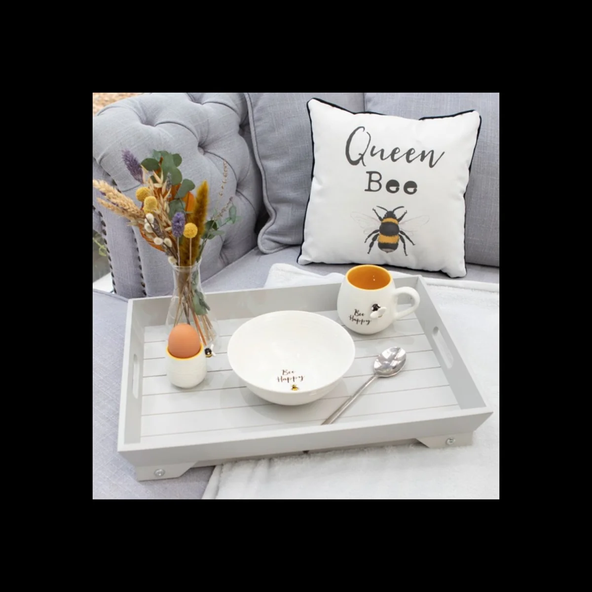 Queen Bee Square Cushion with Piped Black Edging for Bedroom - White – image 3
