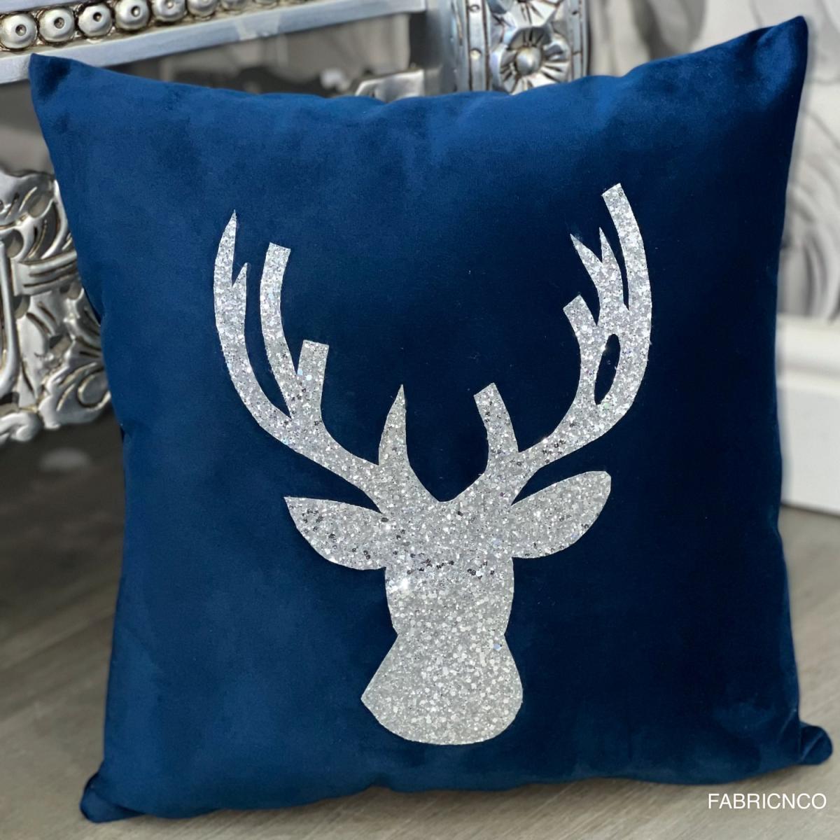 Royal Blue Plush Velvet Christmas Stag Cushion - Royal Blue