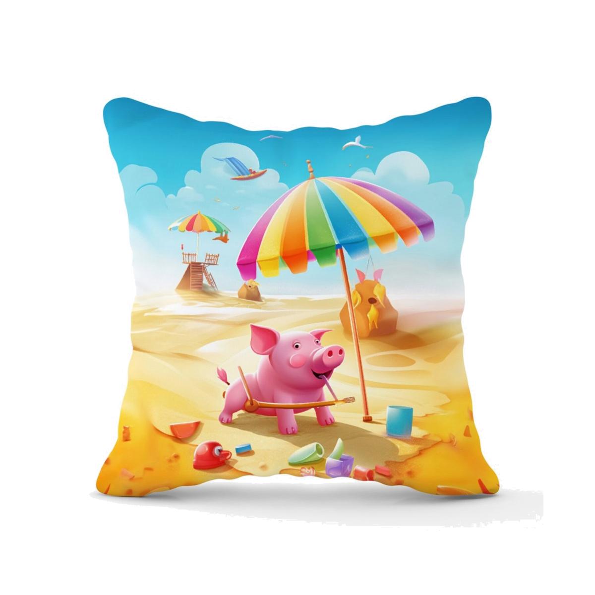 Pig On A Beach Holiday Cushion - Yellow / 45cm