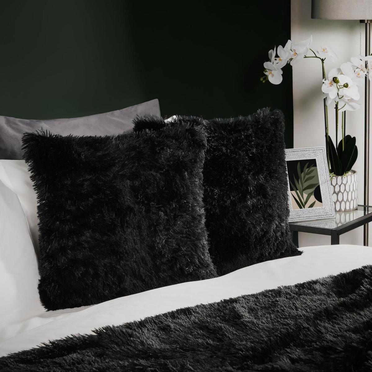 Set of 4 Fluffy Shaggy Filled Cushion with Cover Square - Black – image 2