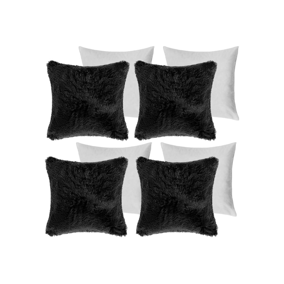 Set of 4 Fluffy Shaggy Filled Cushion with Cover Square - Black – image 1