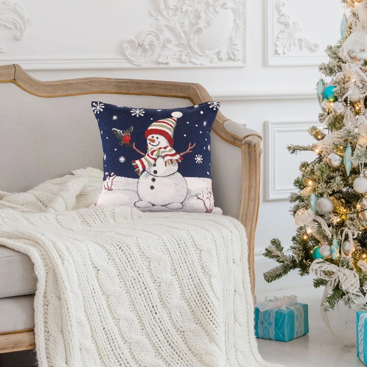 Noel Square Luxury Chenille Xmas Snowman Snowflakes Filled Cushion - Blue – image 2