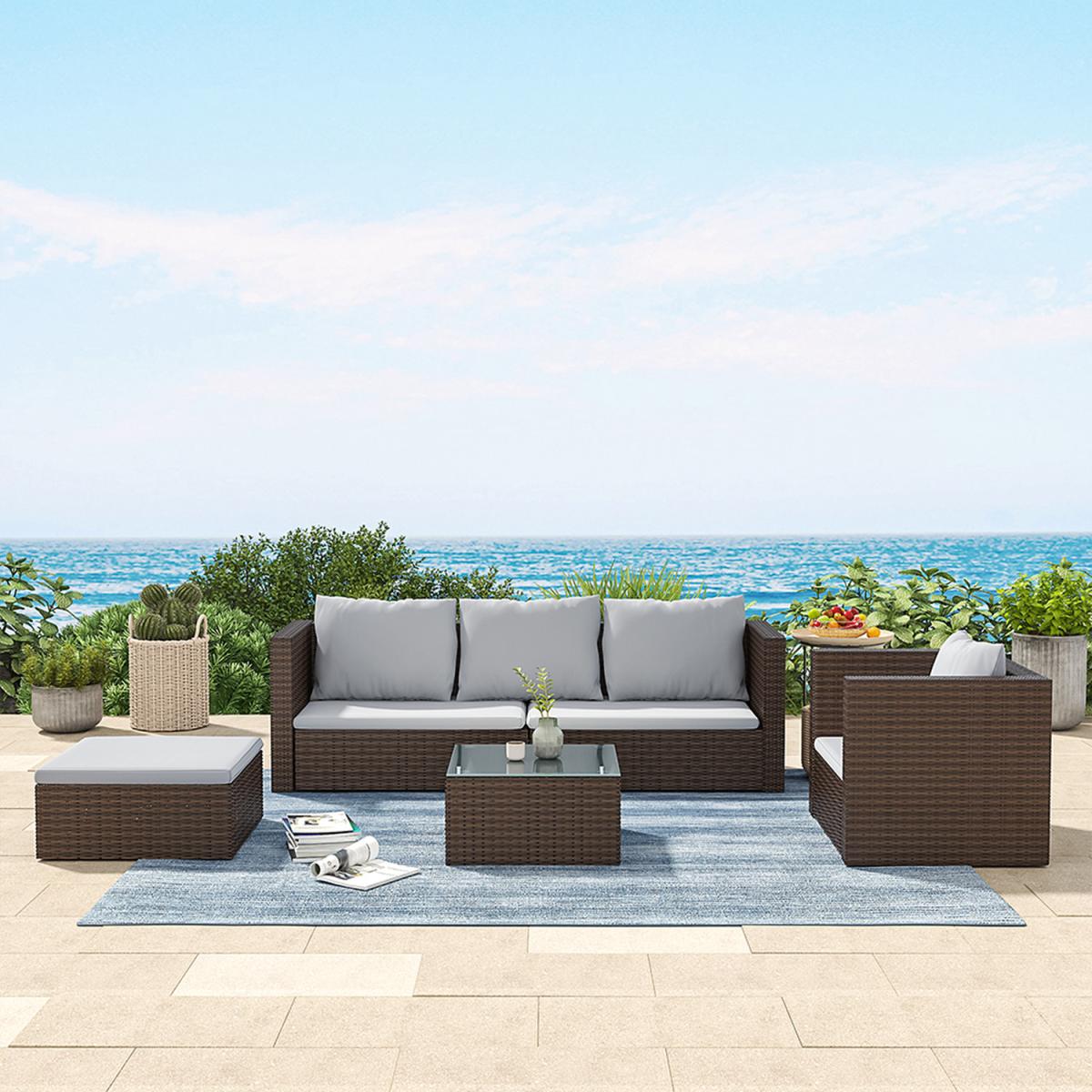 5 Piece Patio Lounge Set With Cushions - Brown / 212*70*65cm, 70*60*63cm, 80*70*65cm – image 18