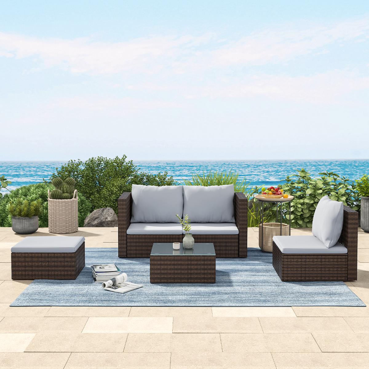 5 Piece Patio Lounge Set With Cushions - Brown / 212*70*65cm, 70*60*63cm, 80*70*65cm – image 23